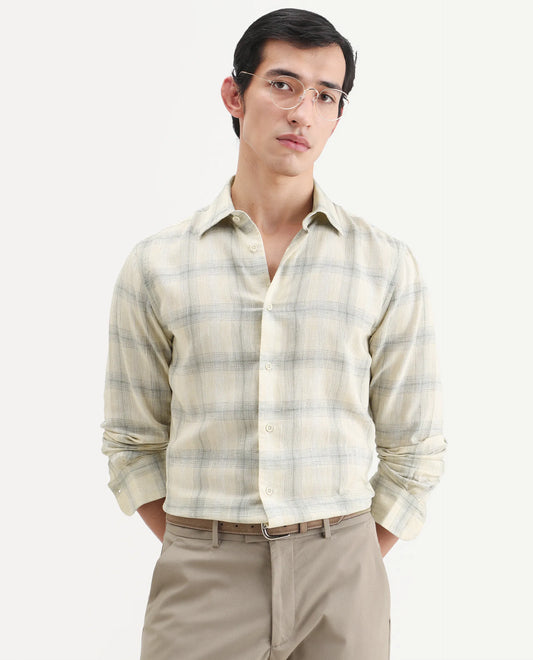 Rare Rabbit Men's Eamon-S26 Light Yellow Linen Blend Full Sleeve Spread Collar Regular Fit Checked Shirt