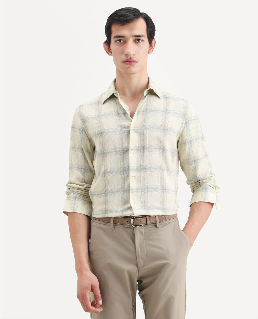 Rare Rabbit Men's Eamon-S26 Light Yellow Linen Blend Full Sleeve Spread Collar Regular Fit Checked Shirt