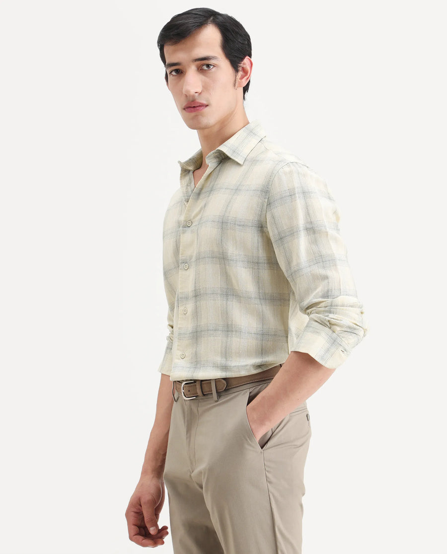 Rare Rabbit Men's Eamon-S26 Light Yellow Linen Blend Full Sleeve Spread Collar Regular Fit Checked Shirt