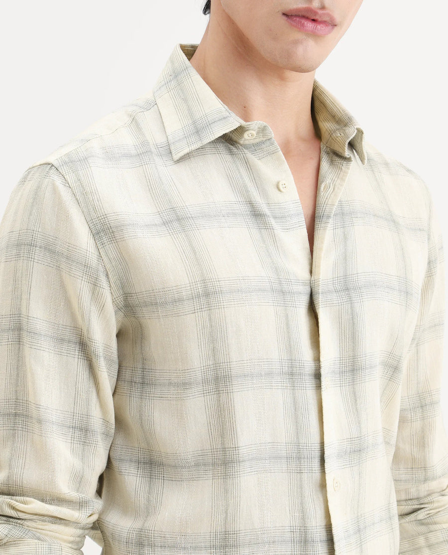 Rare Rabbit Men's Eamon-S26 Light Yellow Linen Blend Full Sleeve Spread Collar Regular Fit Checked Shirt
