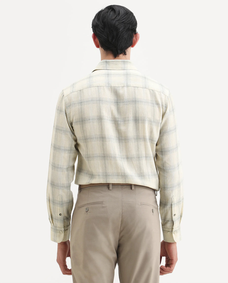 Rare Rabbit Men's Eamon-S26 Light Yellow Linen Blend Full Sleeve Spread Collar Regular Fit Checked Shirt