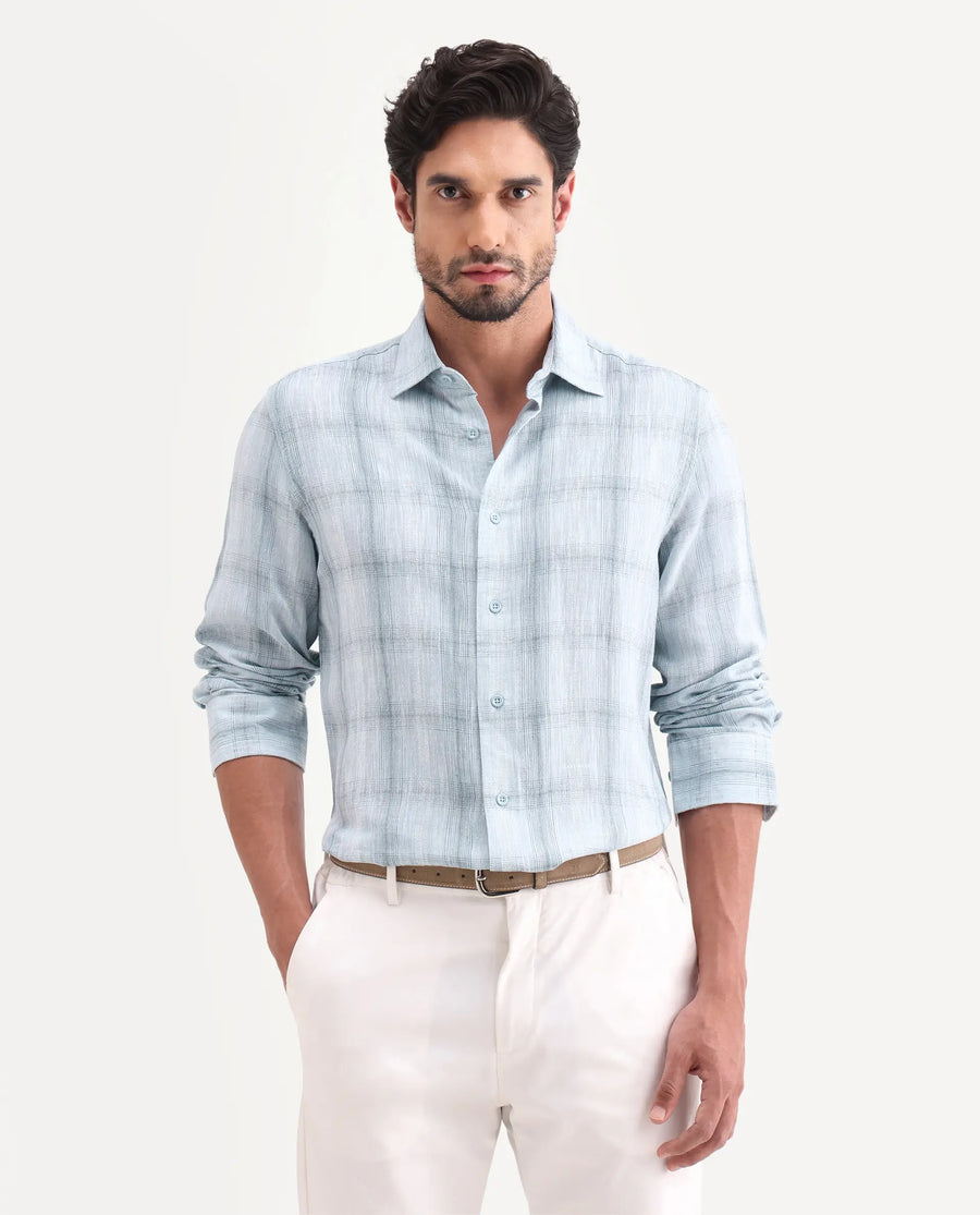 Rare Rabbit Men's Eamon-S26 Light Blue Linen Blend Full Sleeve Spread Collar Regular Fit Checked Shirt