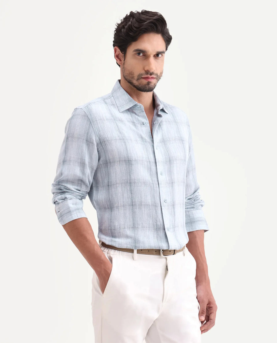 Rare Rabbit Men's Eamon-S26 Light Blue Linen Blend Full Sleeve Spread Collar Regular Fit Checked Shirt