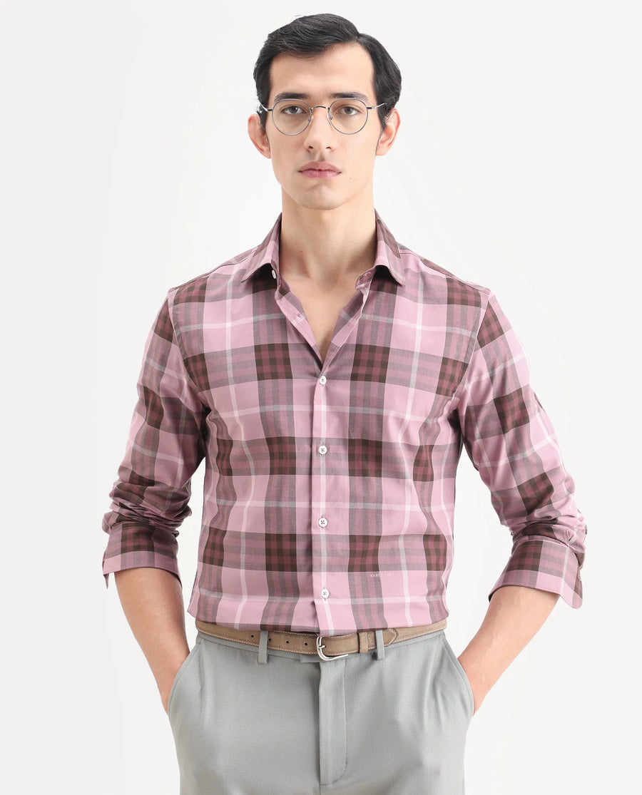 Rare Rabbit Men's Herti Pink Cotton Fabric Full Sleeve Spread Collar Regular Fit Checked Shirt