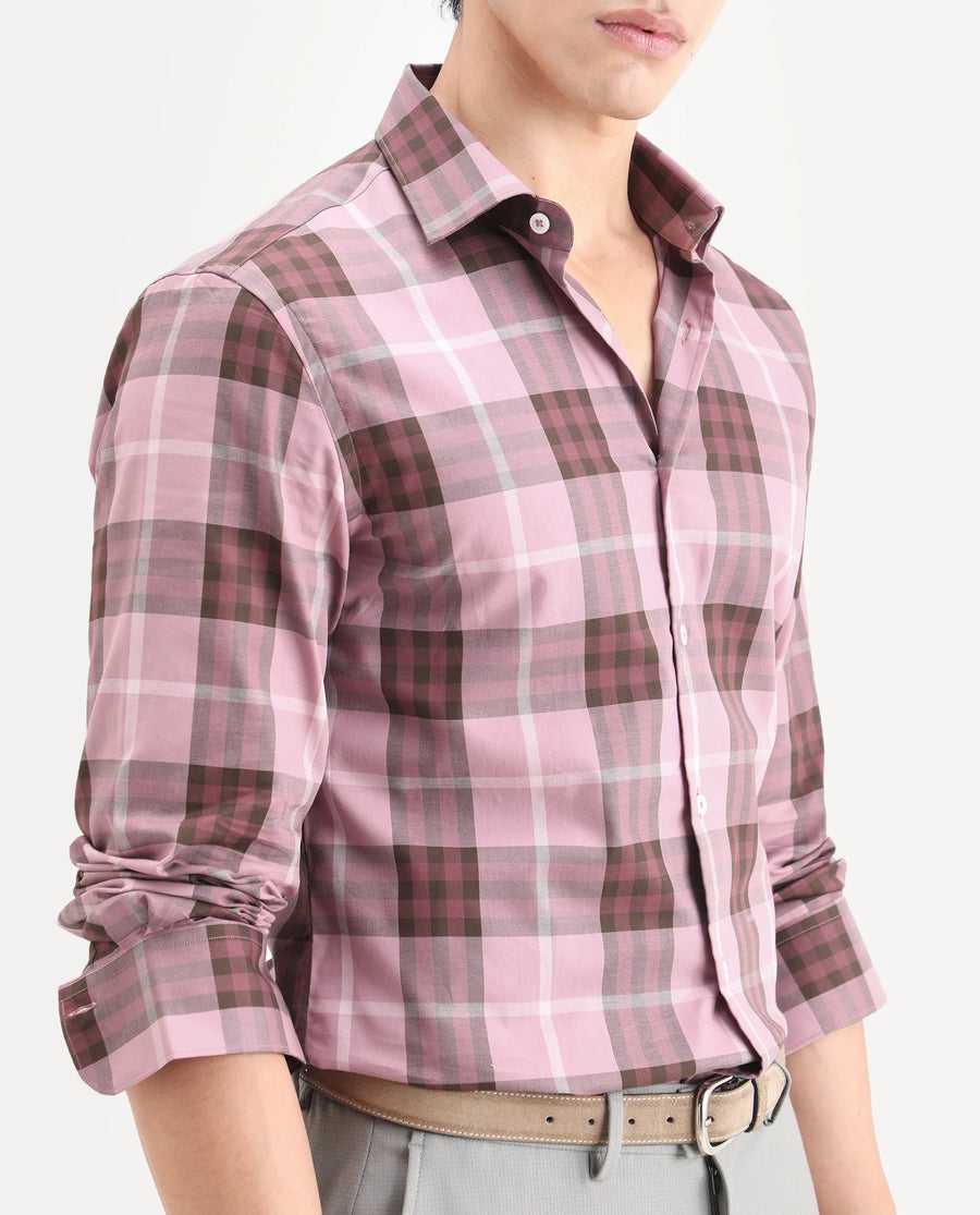 Rare Rabbit Men's Herti Pink Cotton Fabric Full Sleeve Spread Collar Regular Fit Checked Shirt