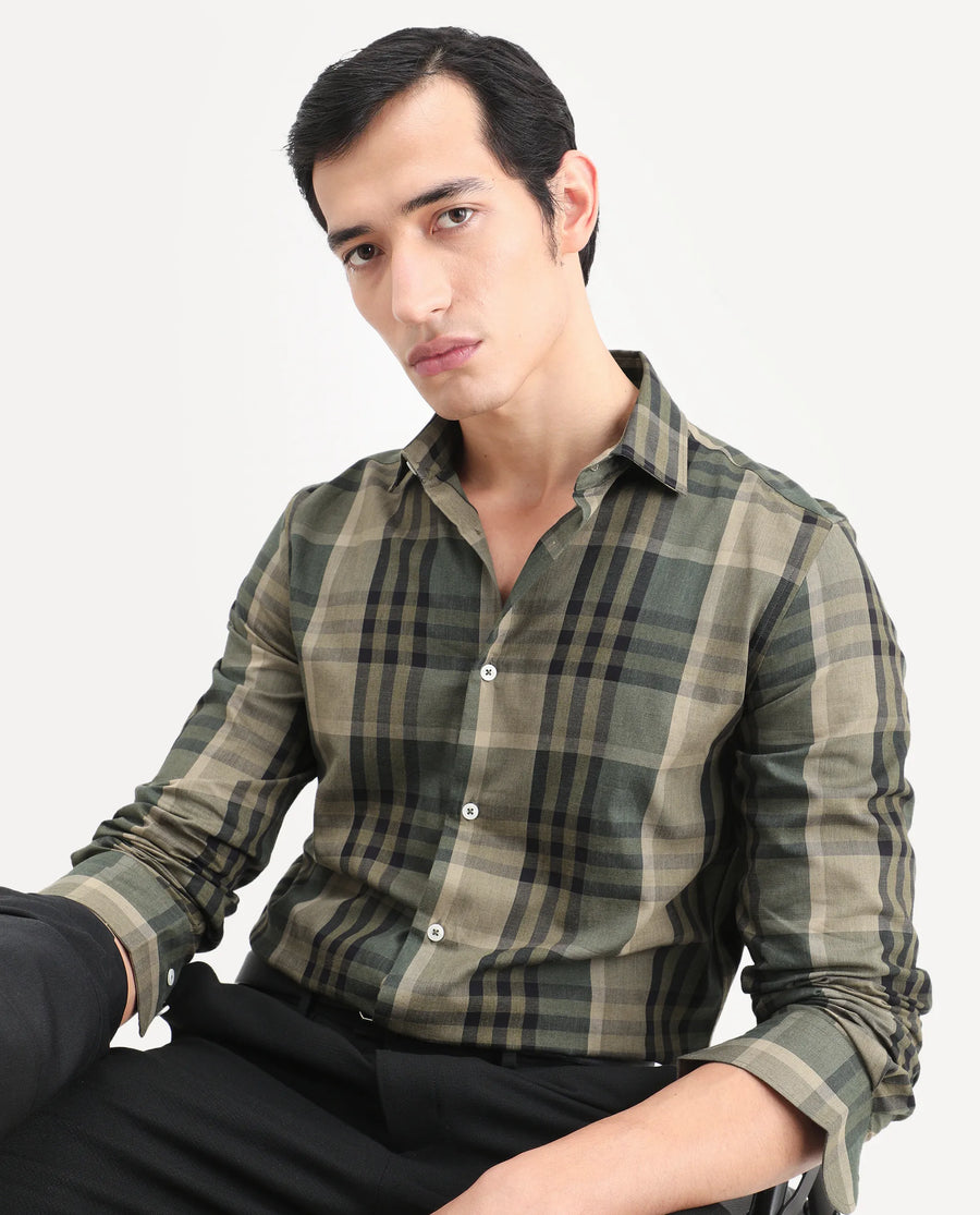 Rare Rabbit Men's Herti Green Cotton Fabric Full Sleeve Spread Collar Regular Fit Checked Shirt