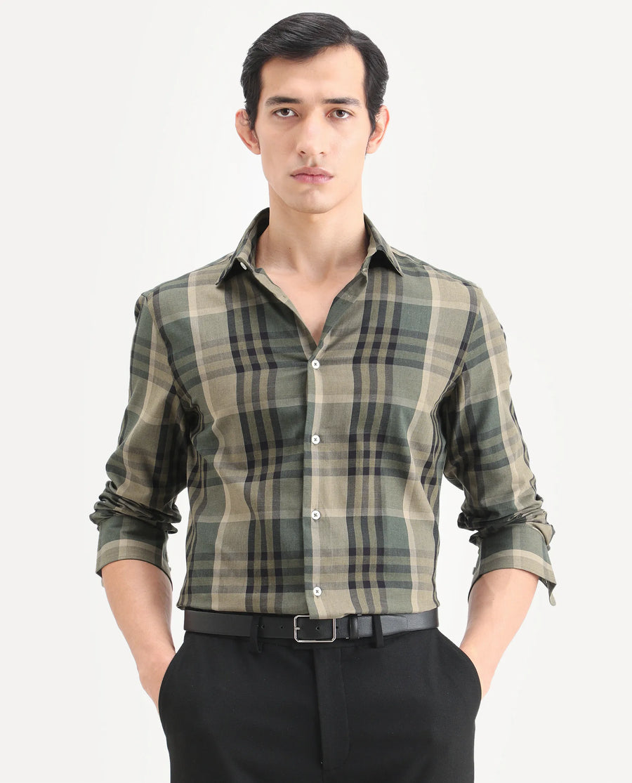 Rare Rabbit Men's Herti Green Cotton Fabric Full Sleeve Spread Collar Regular Fit Checked Shirt