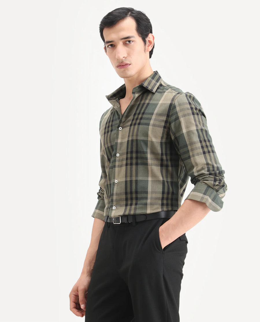 Rare Rabbit Men's Herti Green Cotton Fabric Full Sleeve Spread Collar Regular Fit Checked Shirt