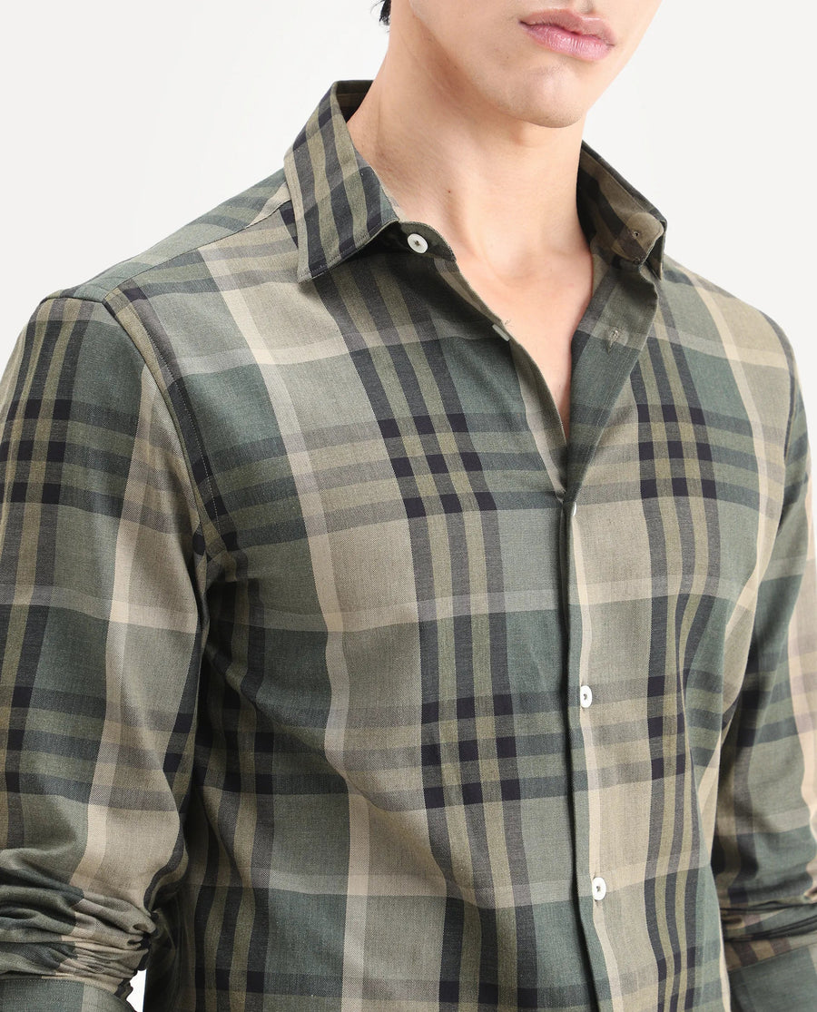 Rare Rabbit Men's Herti Green Cotton Fabric Full Sleeve Spread Collar Regular Fit Checked Shirt