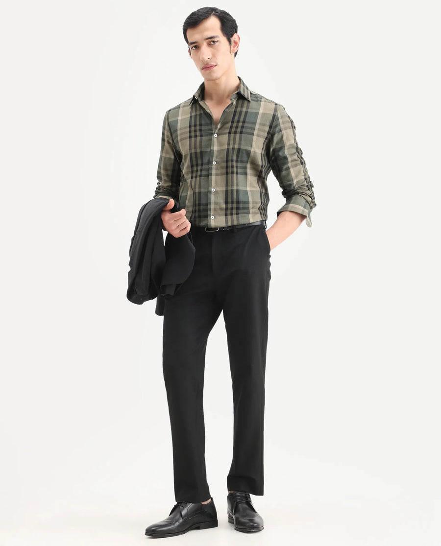 Rare Rabbit Men's Herti Green Cotton Fabric Full Sleeve Spread Collar Regular Fit Checked Shirt