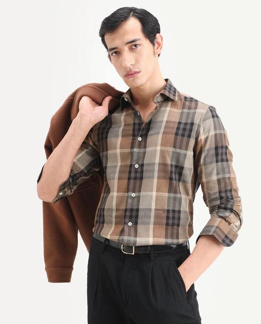 Rare Rabbit Men's Herti Brown Cotton Fabric Full Sleeve Spread Collar Regular Fit Checked Shirt