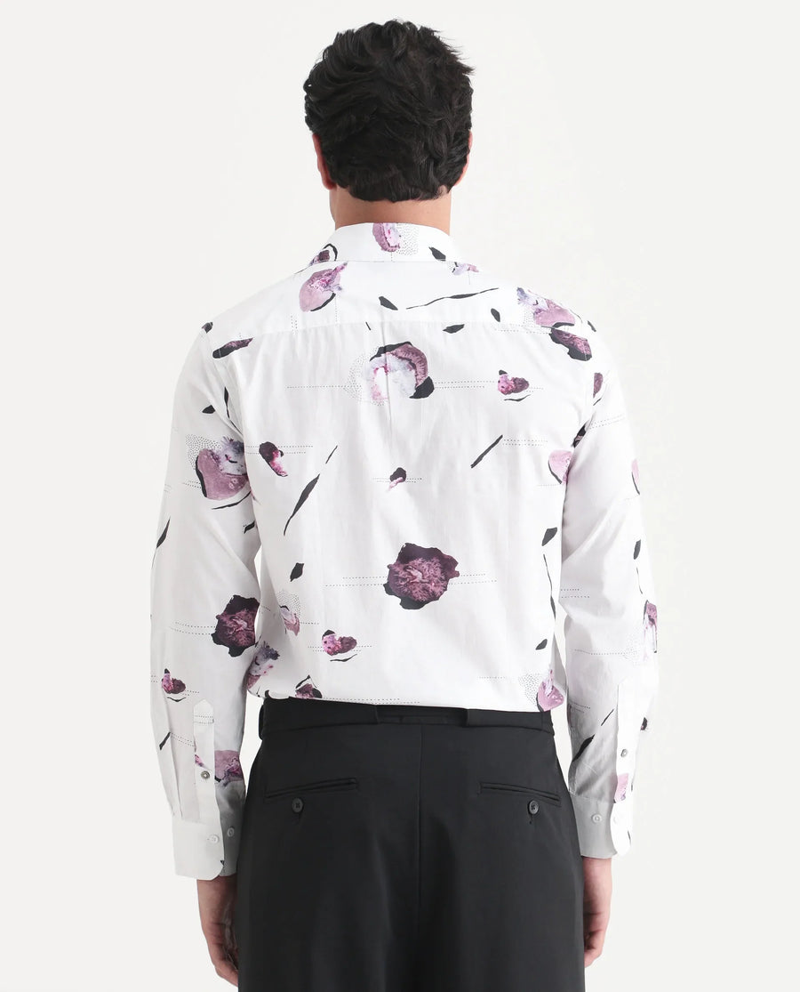 Rare Rabbit Men's Jake White Cotton Fabric Full Sleeve Spread Collar Regular Fit Abstract Print Shirt