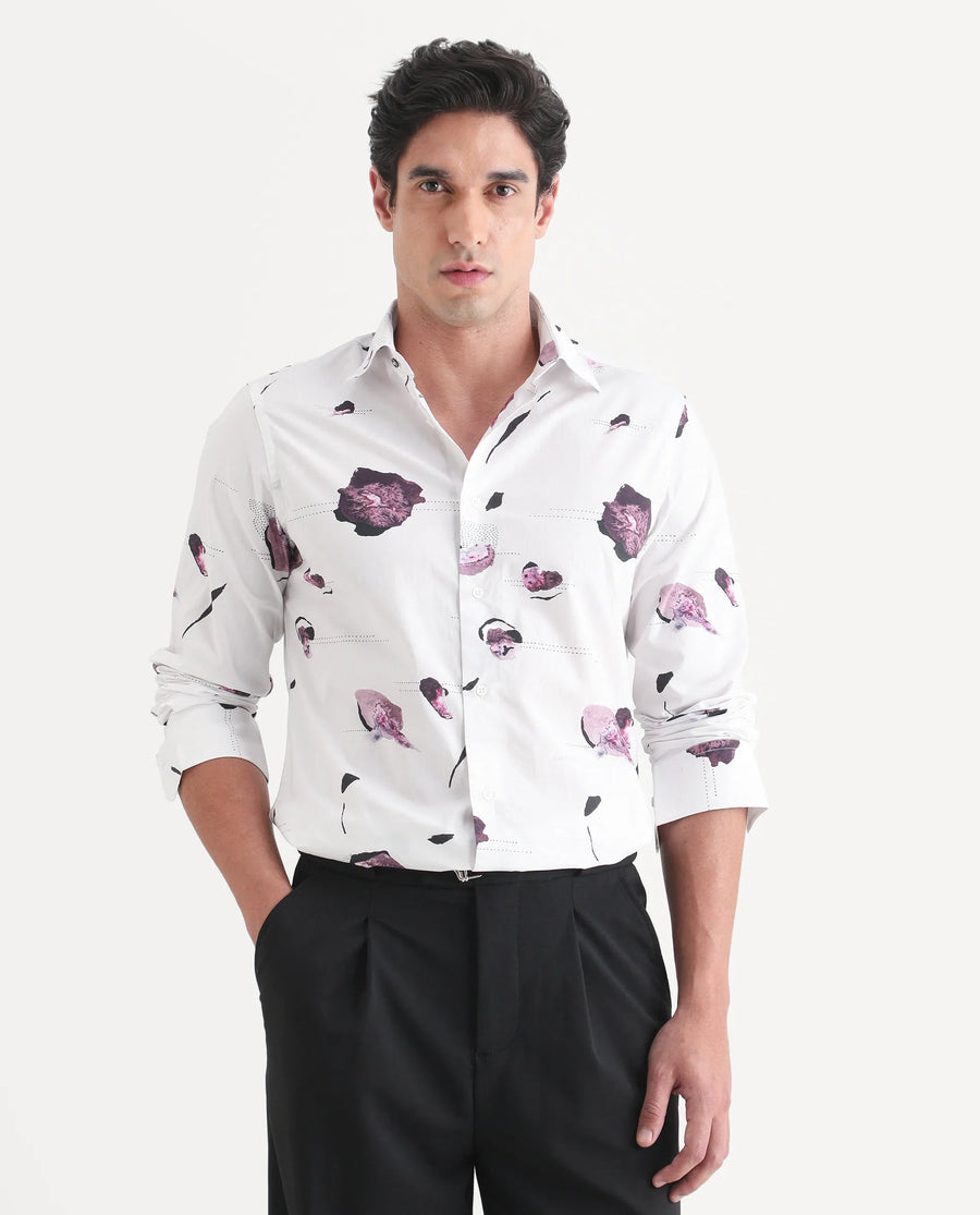 Rare Rabbit Men's Jake White Cotton Fabric Full Sleeve Spread Collar Regular Fit Abstract Print Shirt