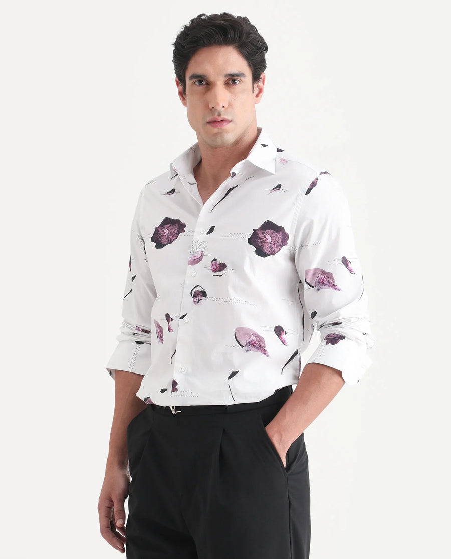 Rare Rabbit Men's Jake White Cotton Fabric Full Sleeve Spread Collar Regular Fit Abstract Print Shirt