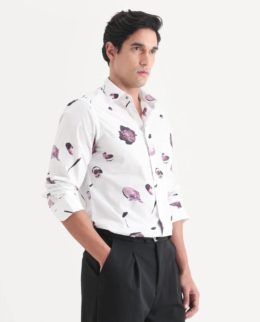 Rare Rabbit Men's Jake White Cotton Fabric Full Sleeve Spread Collar Regular Fit Abstract Print Shirt