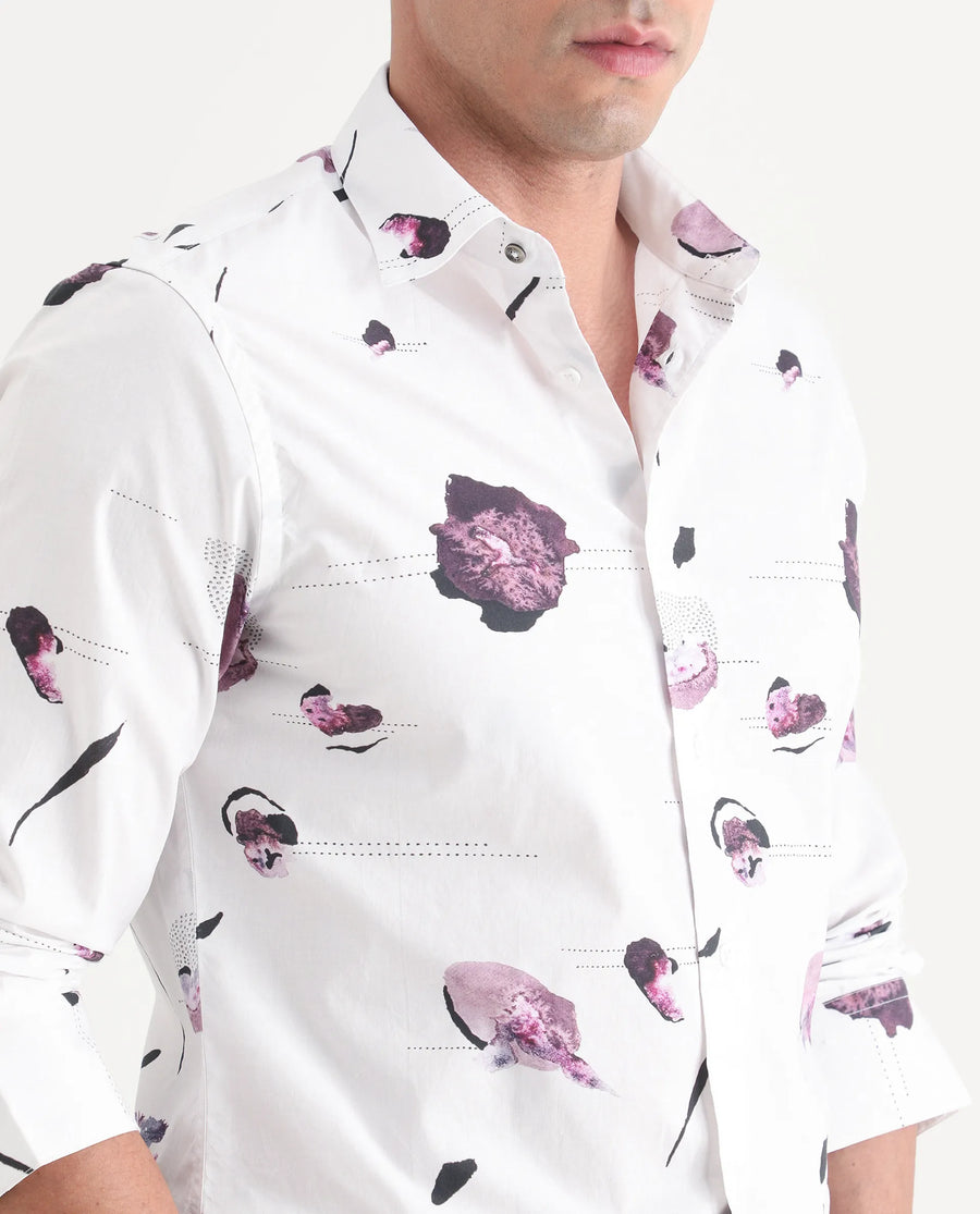 Rare Rabbit Men's Jake White Cotton Fabric Full Sleeve Spread Collar Regular Fit Abstract Print Shirt