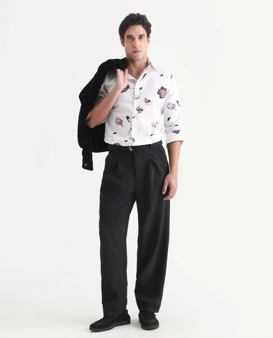 Rare Rabbit Men's Jake White Cotton Fabric Full Sleeve Spread Collar Regular Fit Abstract Print Shirt