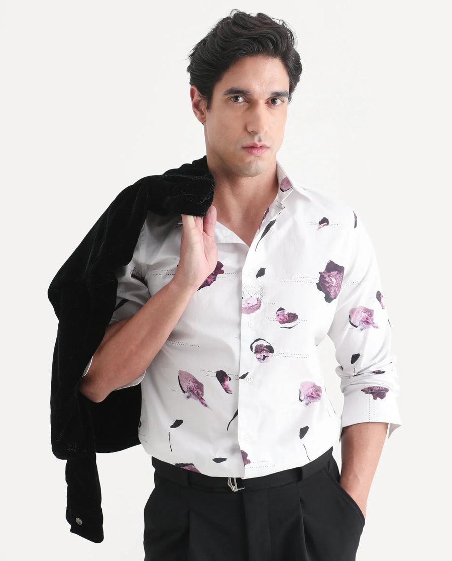 Rare Rabbit Men's Jake White Cotton Fabric Full Sleeve Spread Collar Regular Fit Abstract Print Shirt