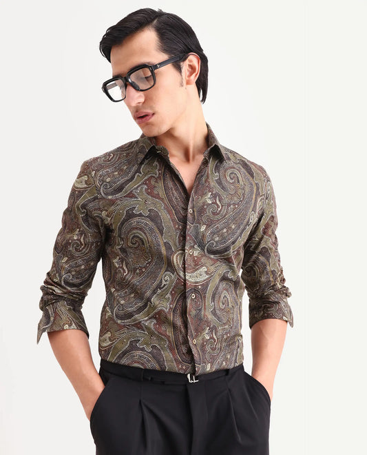 Rare Rabbit Men's Riko Dusky Green Cotton Fabric Full Sleeve Spread Collar Regular Fit Paisley Shirt