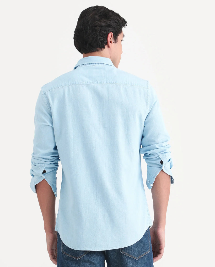 Rare Rabbit Men's Dami Light Blue Cotton Fabric Full Sleeve Spread Collar Regular Fit Plain Denim Shirt