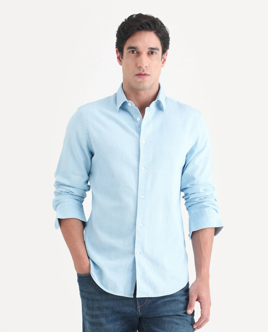 Rare Rabbit Men's Dami Light Blue Cotton Fabric Full Sleeve Spread Collar Regular Fit Plain Denim Shirt