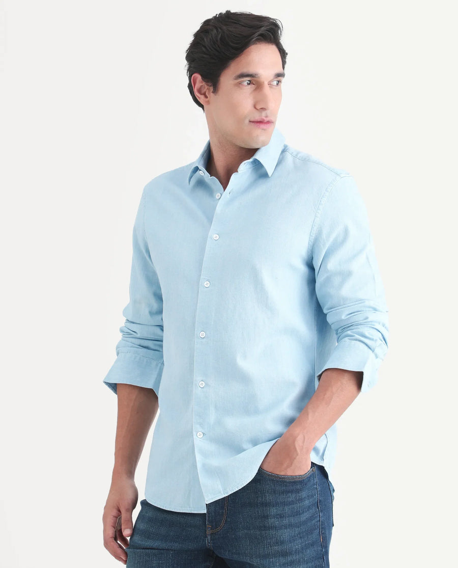 Rare Rabbit Men's Dami Light Blue Cotton Fabric Full Sleeve Spread Collar Regular Fit Plain Denim Shirt