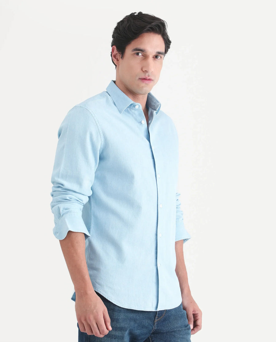 Rare Rabbit Men's Dami Light Blue Cotton Fabric Full Sleeve Spread Collar Regular Fit Plain Denim Shirt