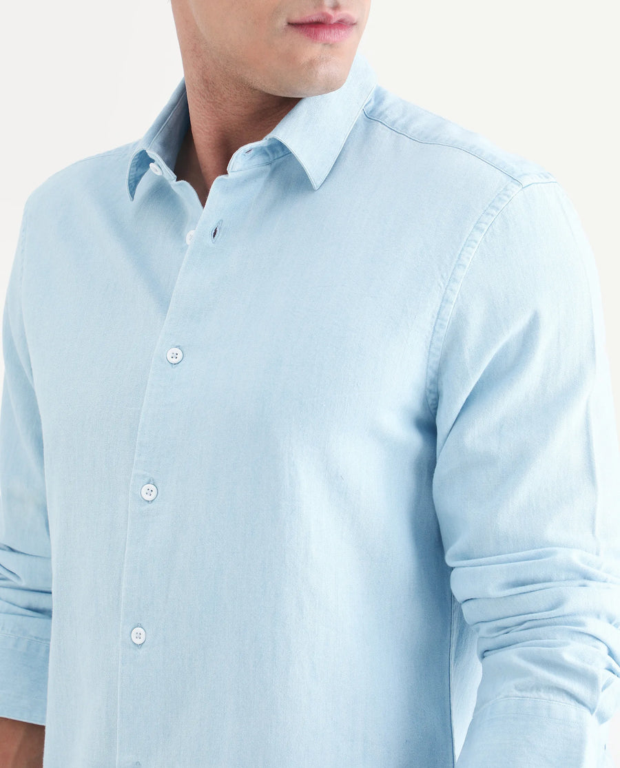 Rare Rabbit Men's Dami Light Blue Cotton Fabric Full Sleeve Spread Collar Regular Fit Plain Denim Shirt