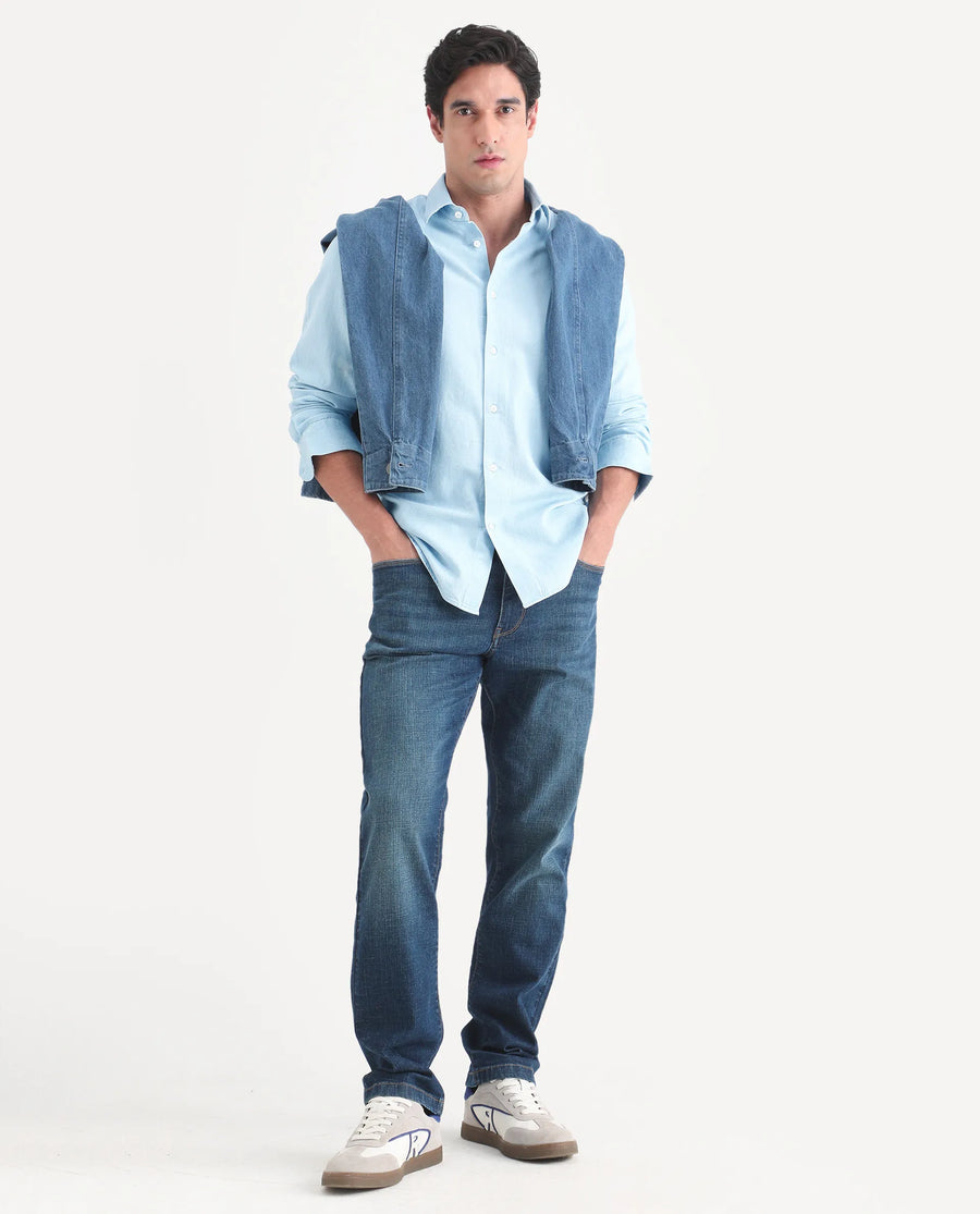 Rare Rabbit Men's Dami Light Blue Cotton Fabric Full Sleeve Spread Collar Regular Fit Plain Denim Shirt