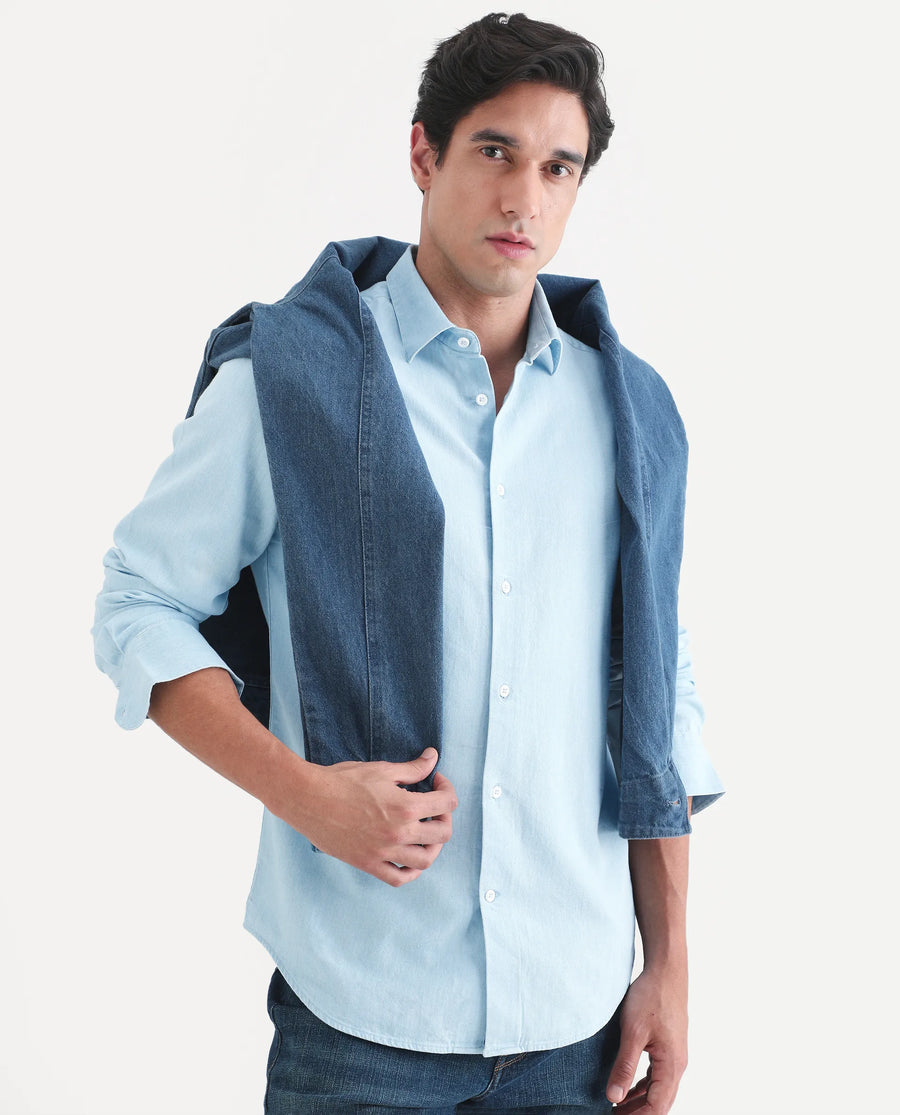 Rare Rabbit Men's Dami Light Blue Cotton Fabric Full Sleeve Spread Collar Regular Fit Plain Denim Shirt