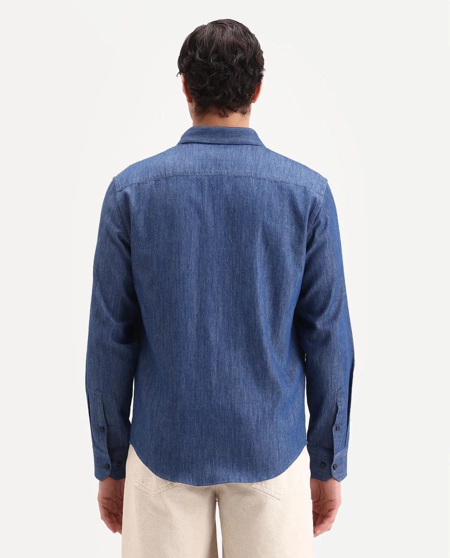 Rare Rabbit Men's Dami-Uw Navy Cotton Fabric Full Sleeve Button-Down Collar Regular Fit Plain Denim Shirt