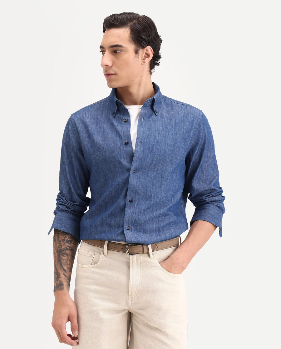 Rare Rabbit Men's Dami-Uw Navy Cotton Fabric Full Sleeve Button-Down Collar Regular Fit Plain Denim Shirt