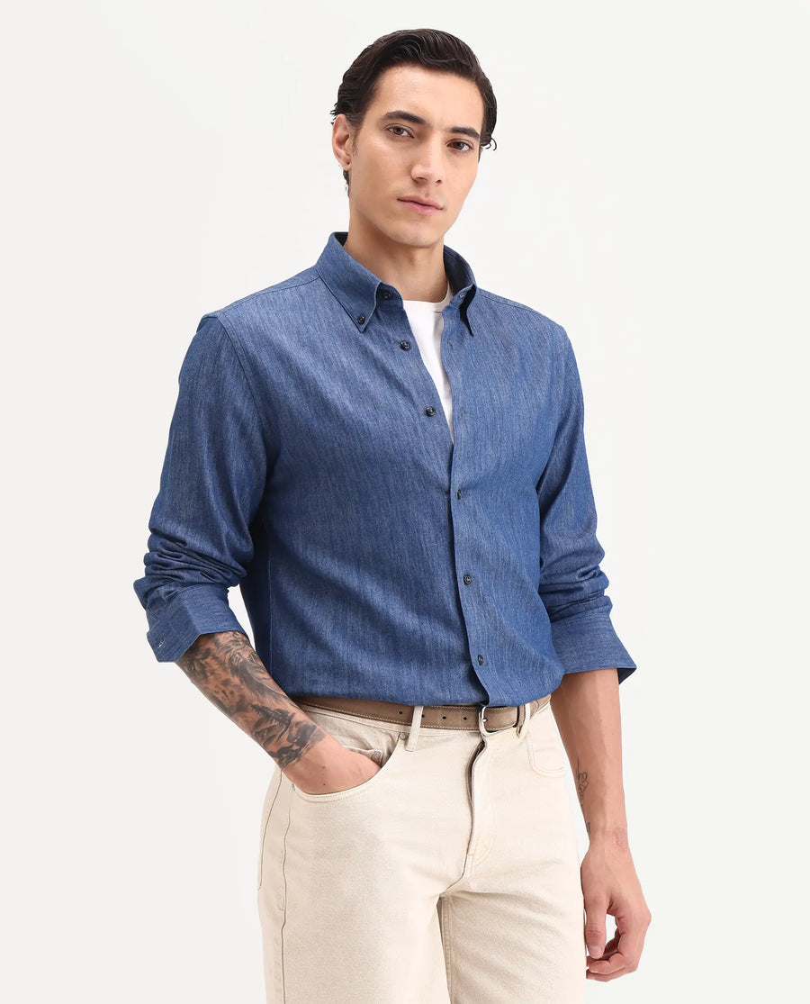 Rare Rabbit Men's Dami-Uw Navy Cotton Fabric Full Sleeve Button-Down Collar Regular Fit Plain Denim Shirt