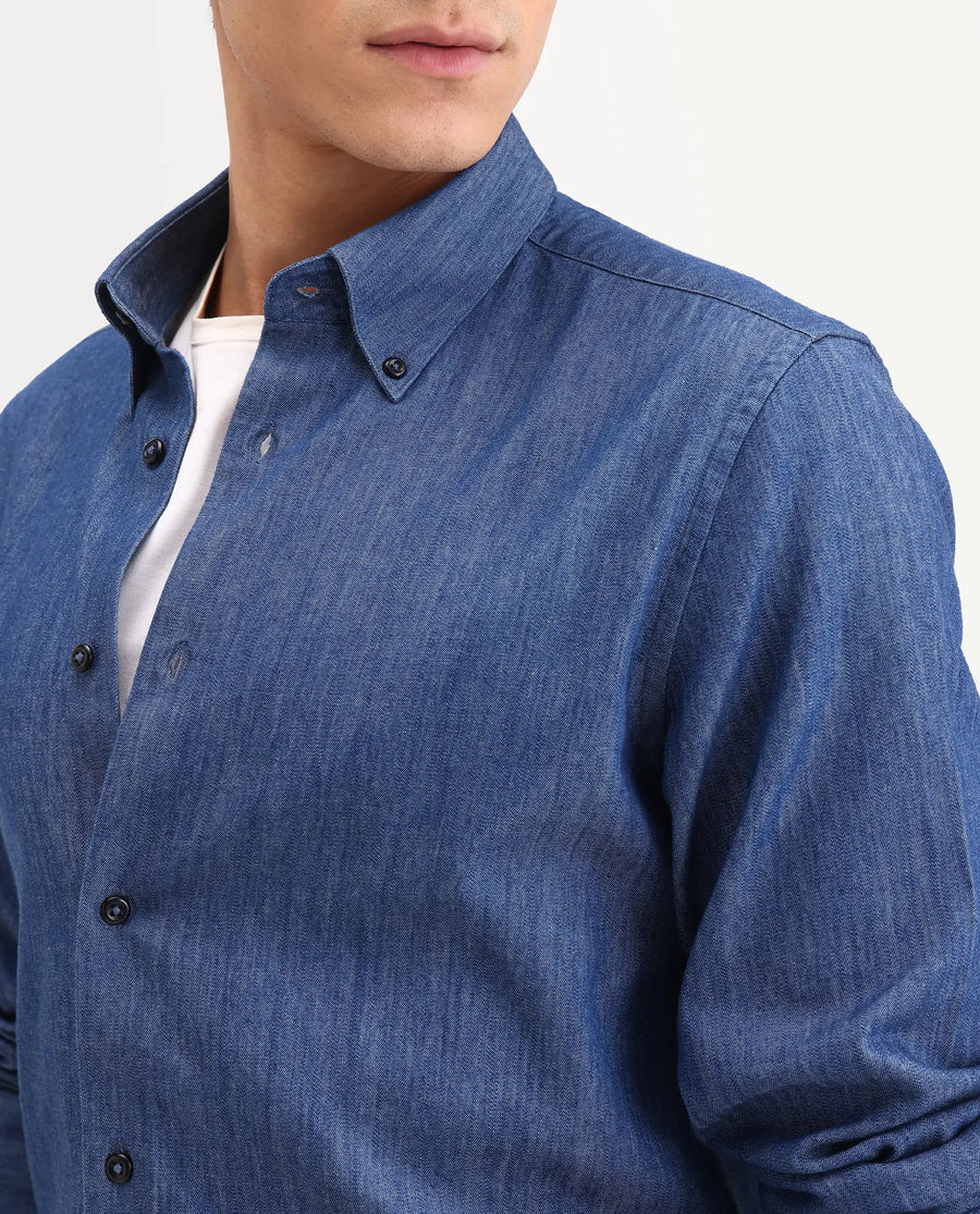 Rare Rabbit Men's Dami-Uw Navy Cotton Fabric Full Sleeve Button-Down Collar Regular Fit Plain Denim Shirt
