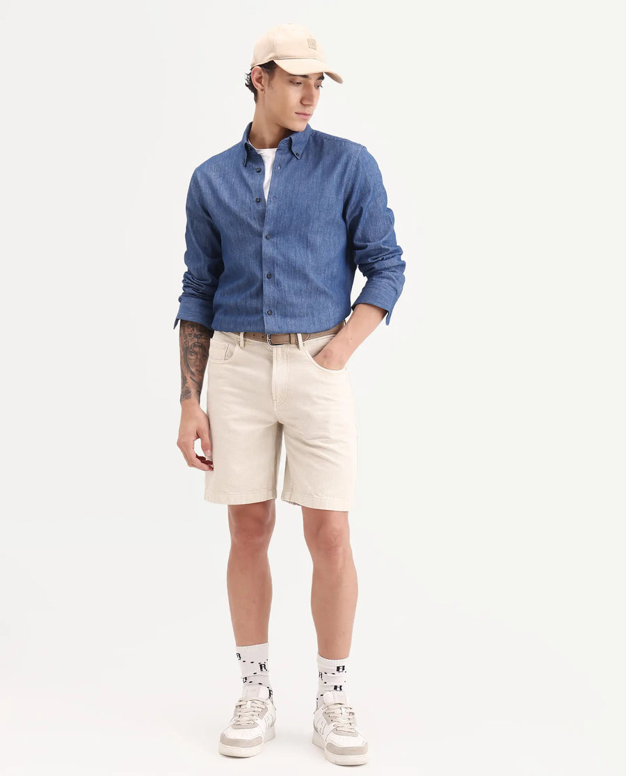 Rare Rabbit Men's Dami-Uw Navy Cotton Fabric Full Sleeve Button-Down Collar Regular Fit Plain Denim Shirt