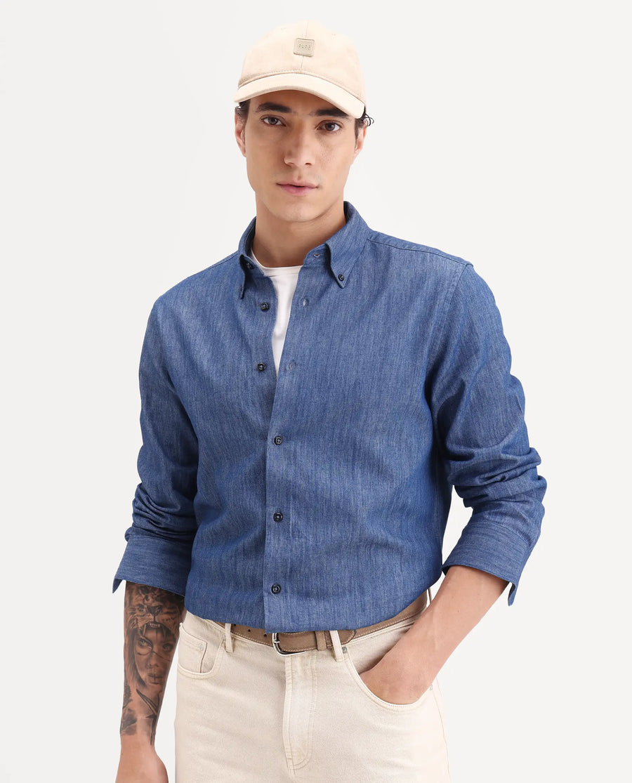 Rare Rabbit Men's Dami-Uw Navy Cotton Fabric Full Sleeve Button-Down Collar Regular Fit Plain Denim Shirt