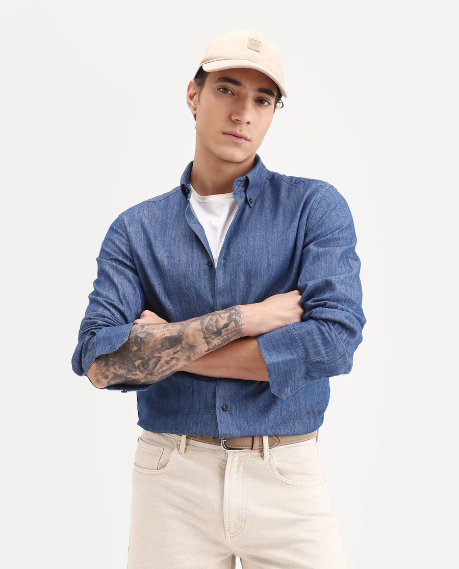 Rare Rabbit Men's Dami-Uw Navy Cotton Fabric Full Sleeve Button-Down Collar Regular Fit Plain Denim Shirt