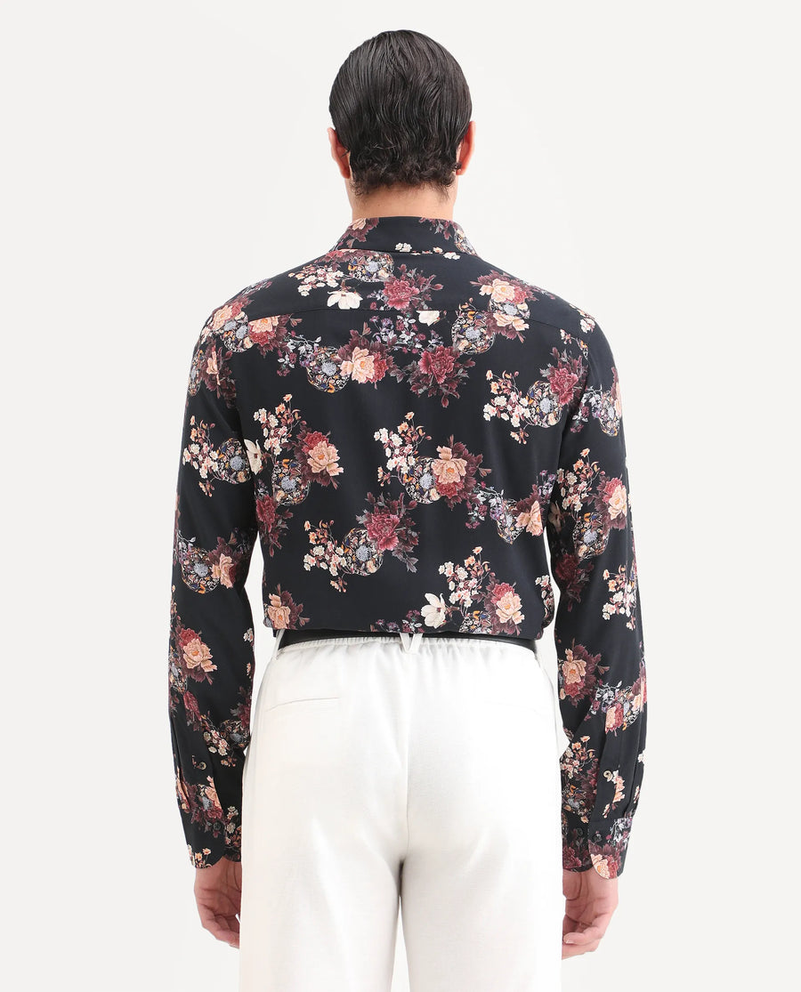 Rare Rabbit Men's Twel Black Viscose Fabric Full Sleeve Spread Collar Regular Fit Floral Print Shirt