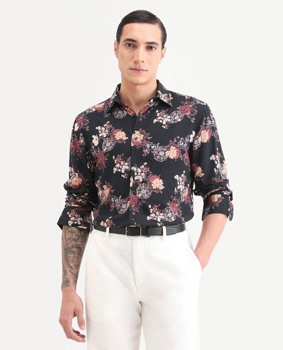 Rare Rabbit Men's Twel Black Viscose Fabric Full Sleeve Spread Collar Regular Fit Floral Print Shirt