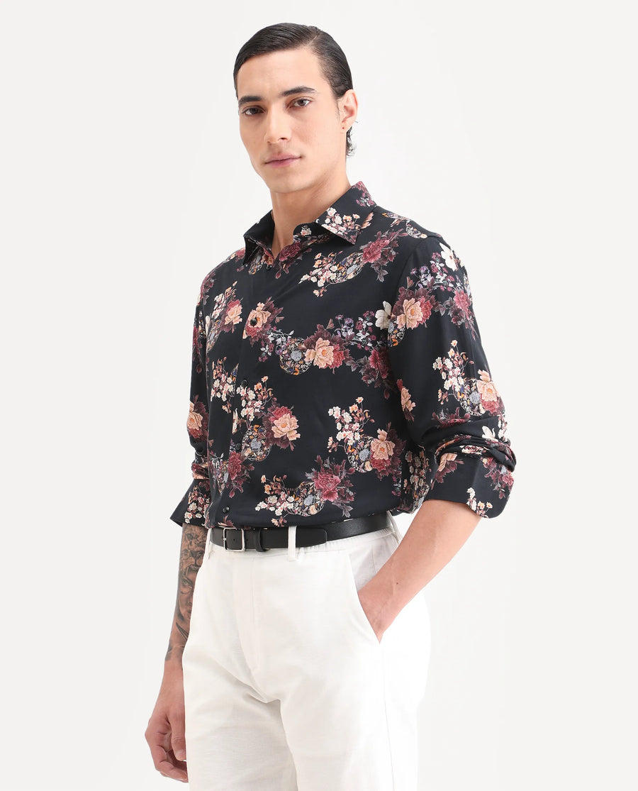 Rare Rabbit Men's Twel Black Viscose Fabric Full Sleeve Spread Collar Regular Fit Floral Print Shirt