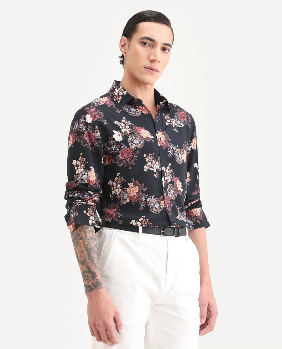 Rare Rabbit Men's Twel Black Viscose Fabric Full Sleeve Spread Collar Regular Fit Floral Print Shirt