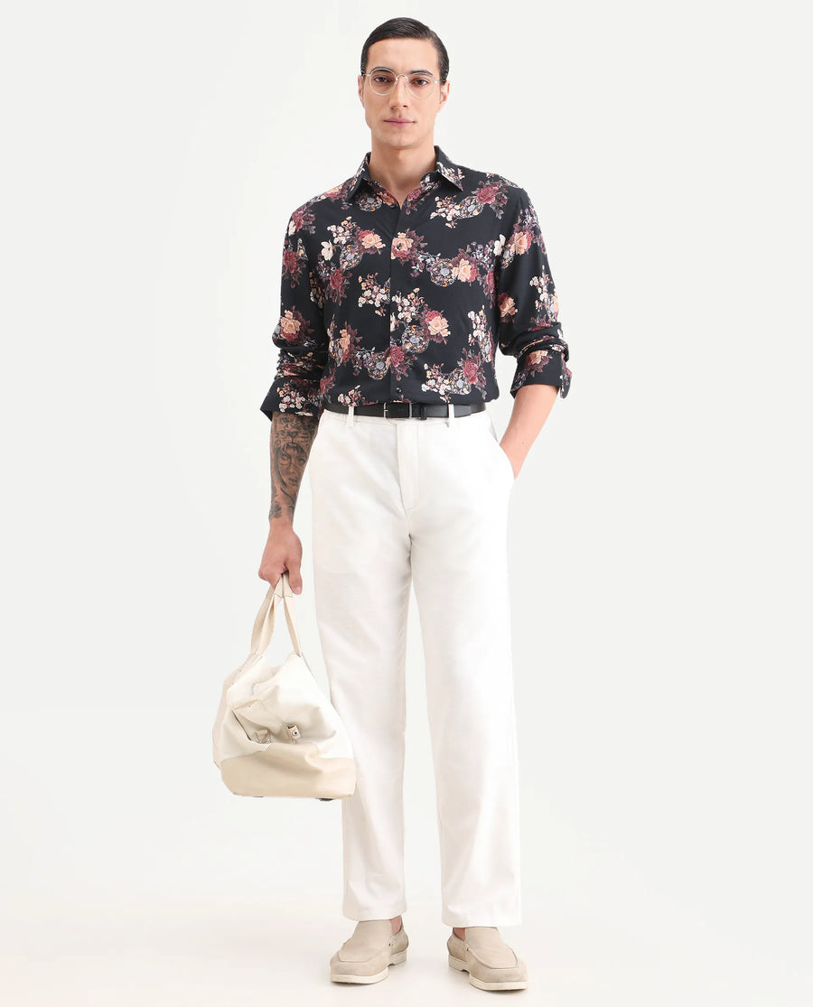 Rare Rabbit Men's Twel Black Viscose Fabric Full Sleeve Spread Collar Regular Fit Floral Print Shirt