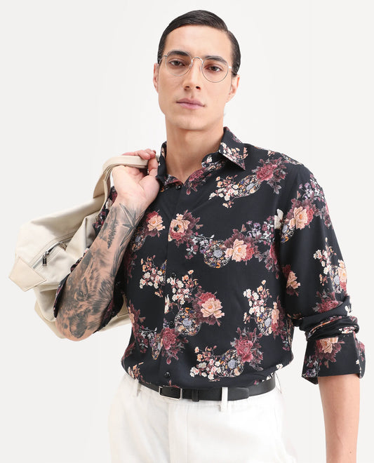 Rare Rabbit Men's Twel Black Viscose Fabric Full Sleeve Spread Collar Regular Fit Floral Print Shirt