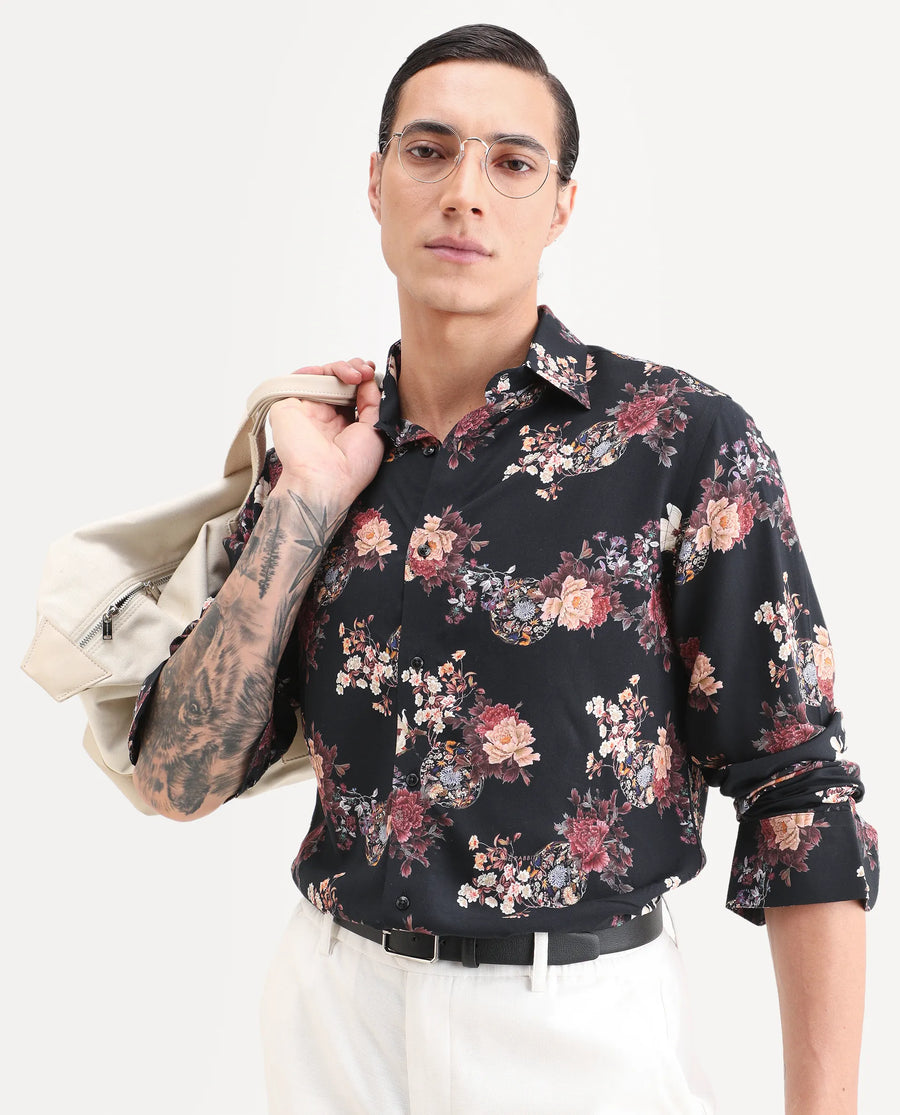 Rare Rabbit Men's Twel Black Viscose Fabric Full Sleeve Spread Collar Regular Fit Floral Print Shirt