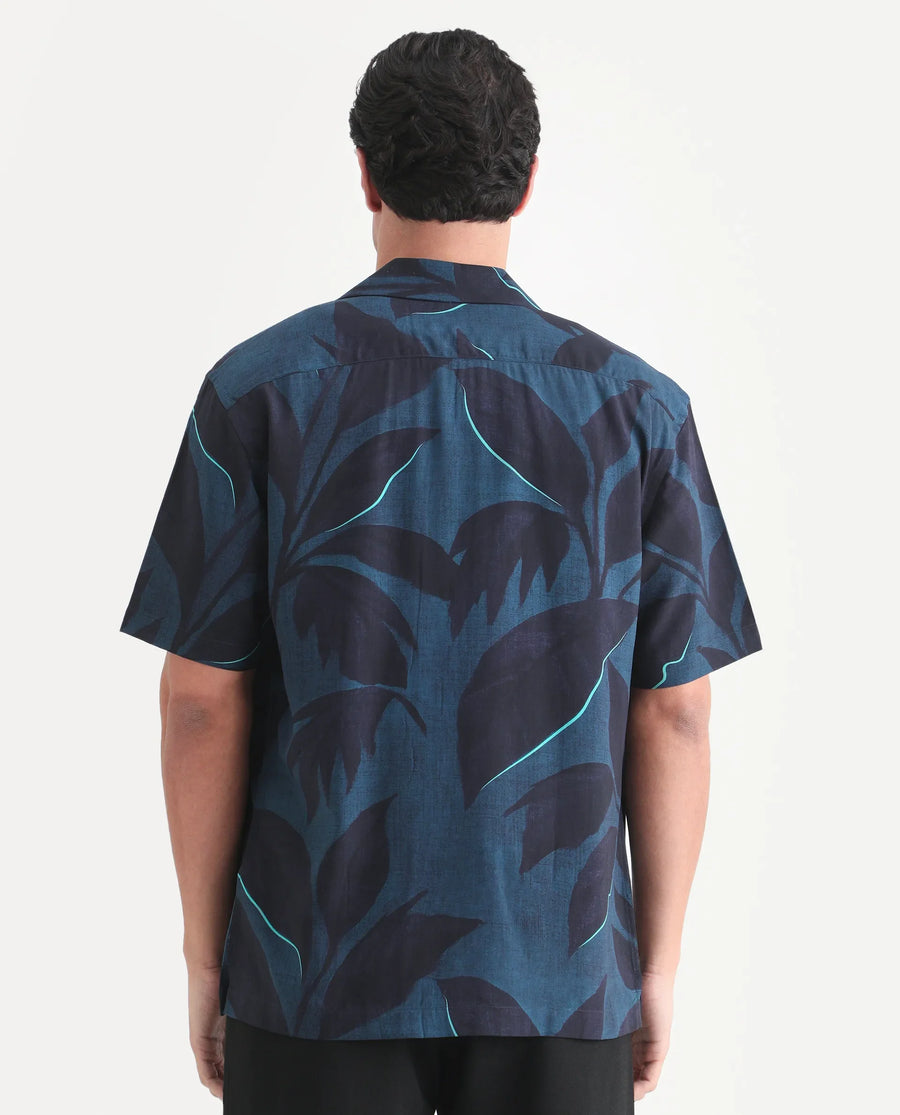Rare Rabbit Men's Wesh Navy Viscose Fabric Half Sleeve Cuban Collar Regular Fit Tropical Print Shirt