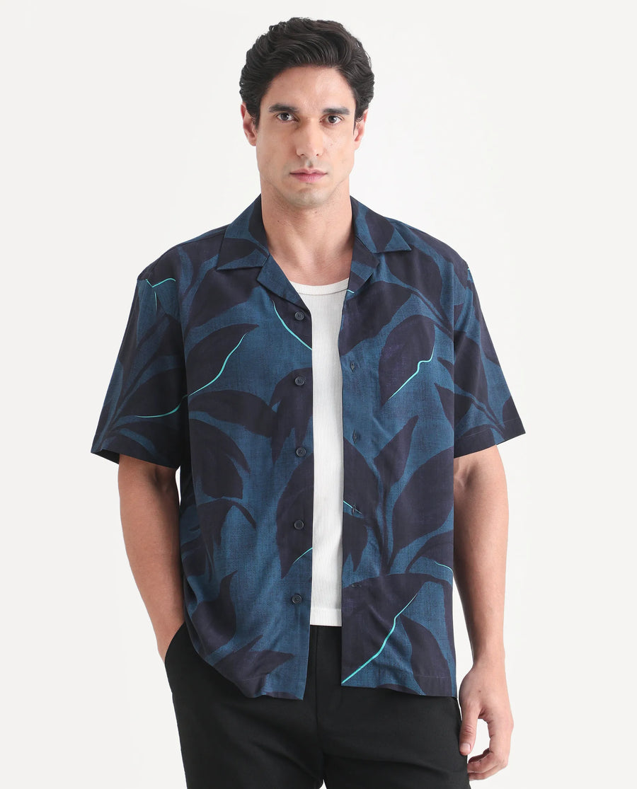 Rare Rabbit Men's Wesh Navy Viscose Fabric Half Sleeve Cuban Collar Regular Fit Tropical Print Shirt