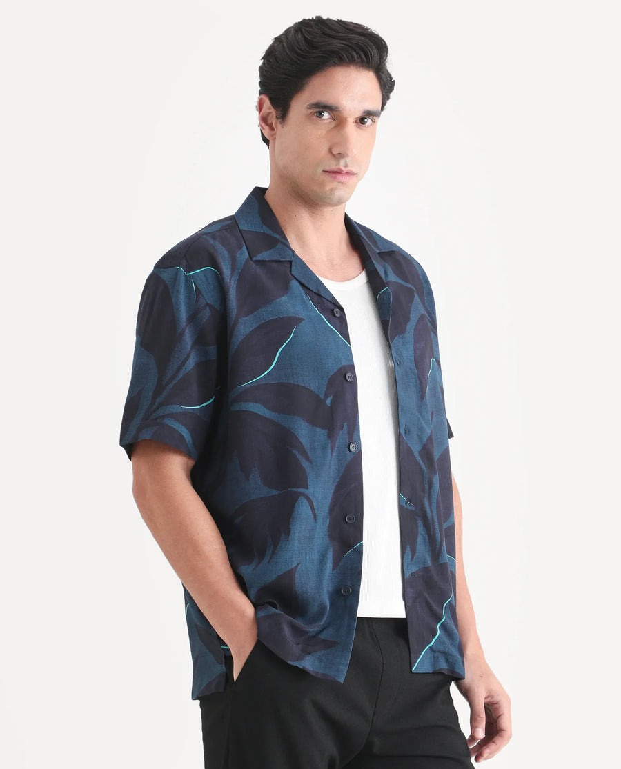 Rare Rabbit Men's Wesh Navy Viscose Fabric Half Sleeve Cuban Collar Regular Fit Tropical Print Shirt