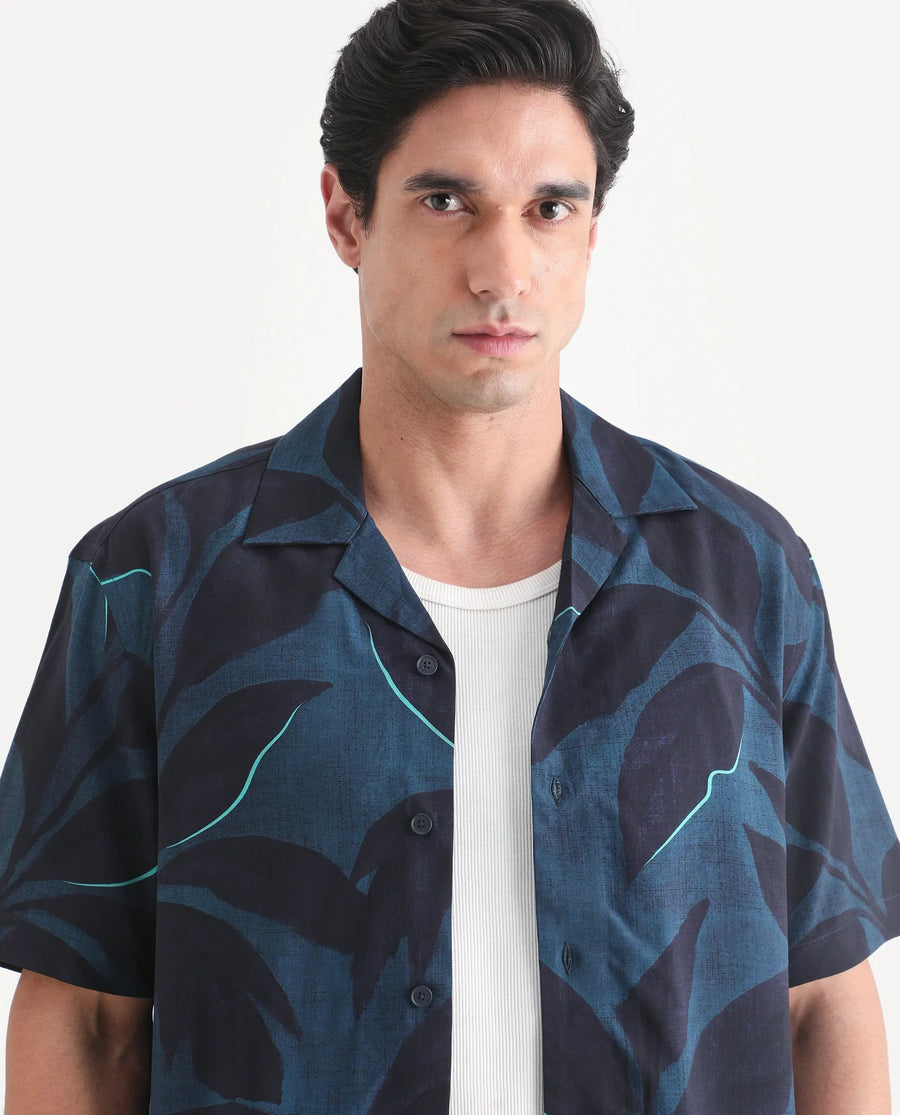 Rare Rabbit Men's Wesh Navy Viscose Fabric Half Sleeve Cuban Collar Regular Fit Tropical Print Shirt