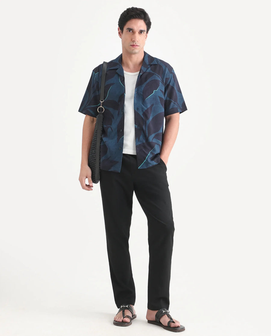 Rare Rabbit Men's Wesh Navy Viscose Fabric Half Sleeve Cuban Collar Regular Fit Tropical Print Shirt