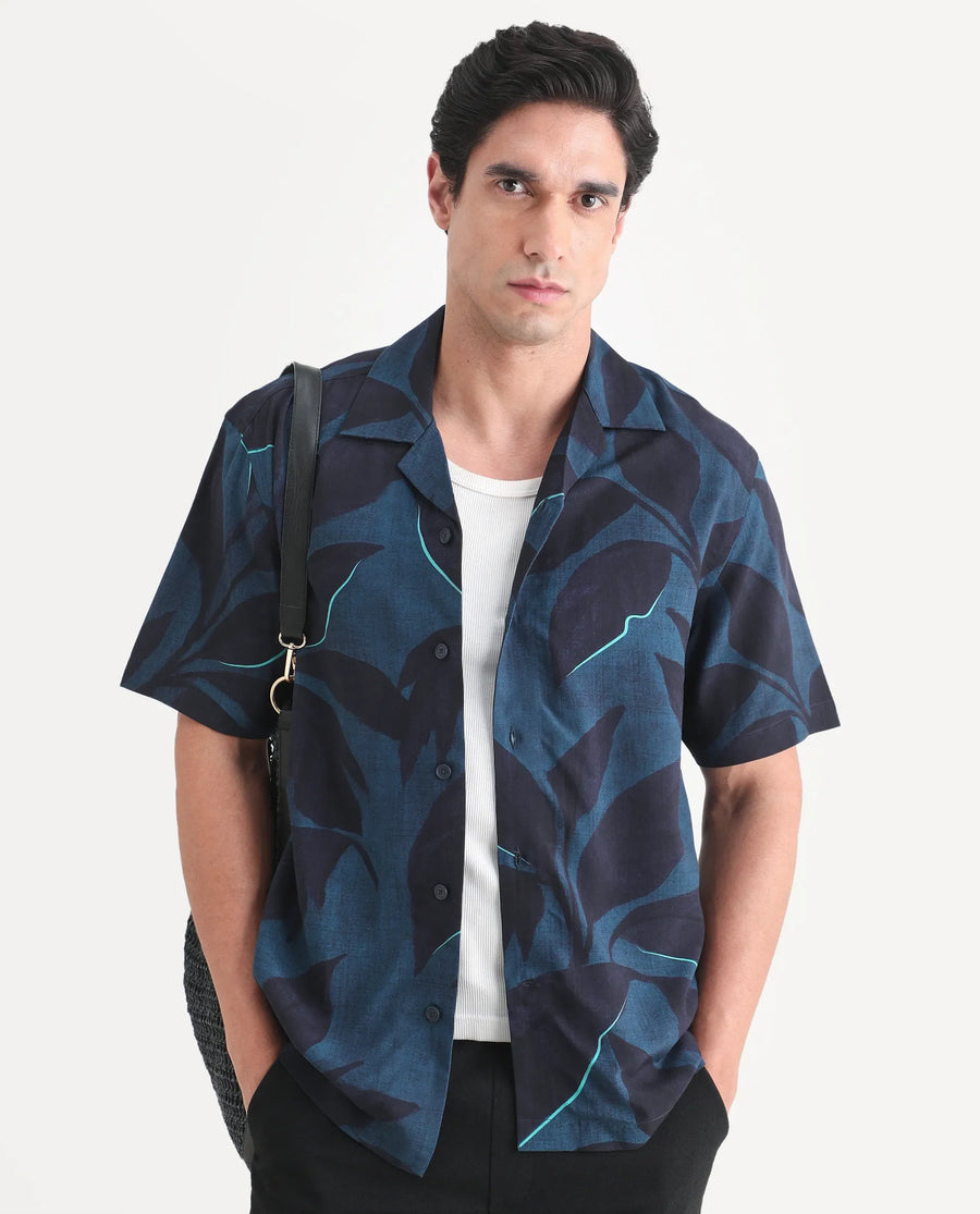 Rare Rabbit Men's Wesh Navy Viscose Fabric Half Sleeve Cuban Collar Regular Fit Tropical Print Shirt